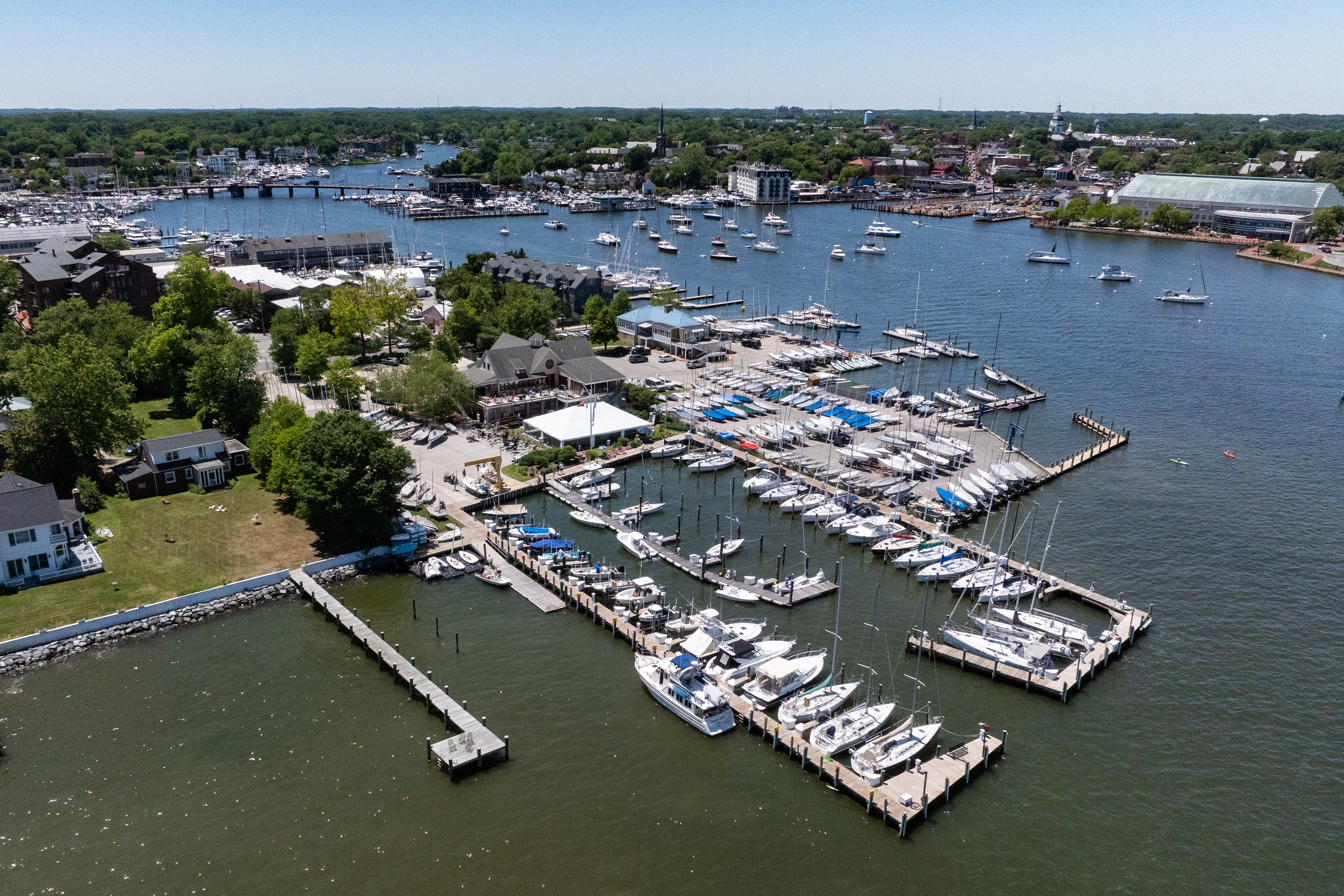Aerial view of Annapolis harbor with the American flag flying